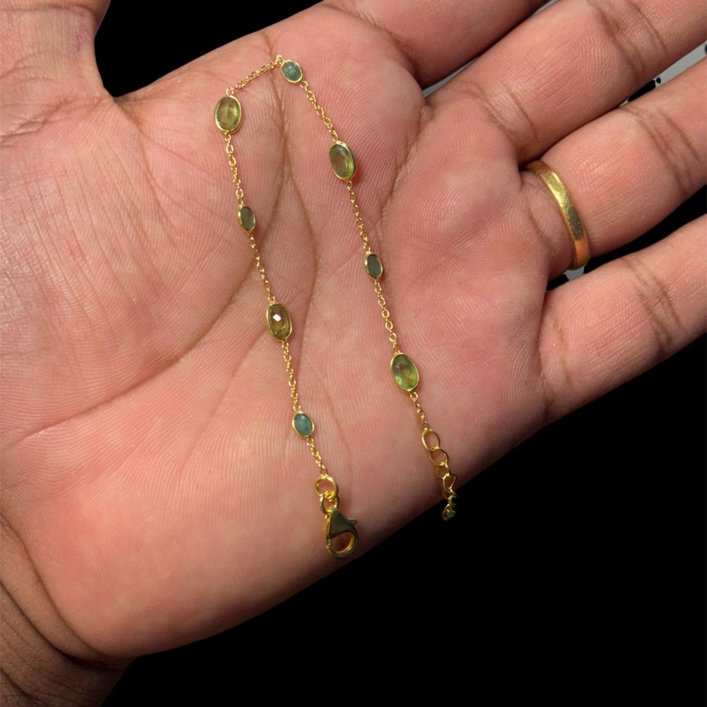 925 Silver 18K Gold Plated Peridot & Emerald Bracelet 8” Adjustable 7”